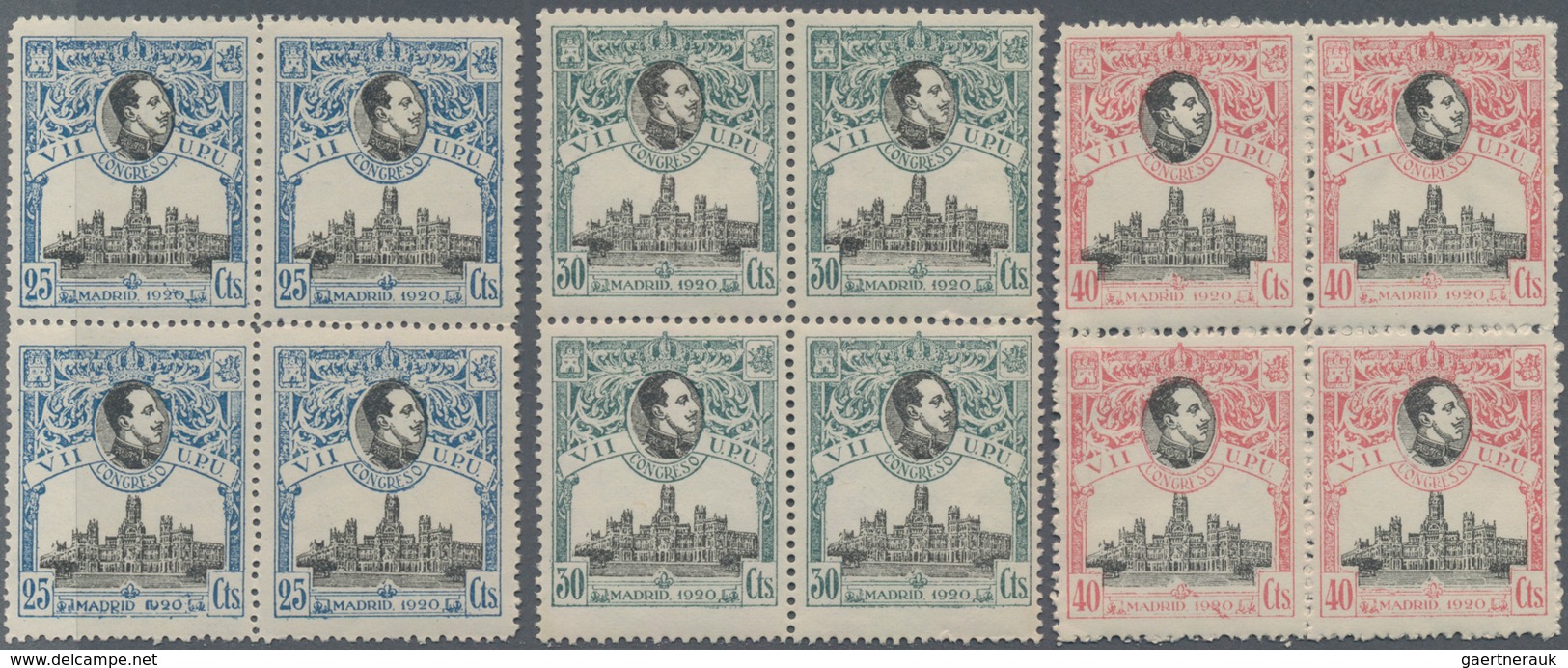 Spanien: 1920, 7th United Postal Union Congress complete set in blocks of four with 1c. + 2c. withou