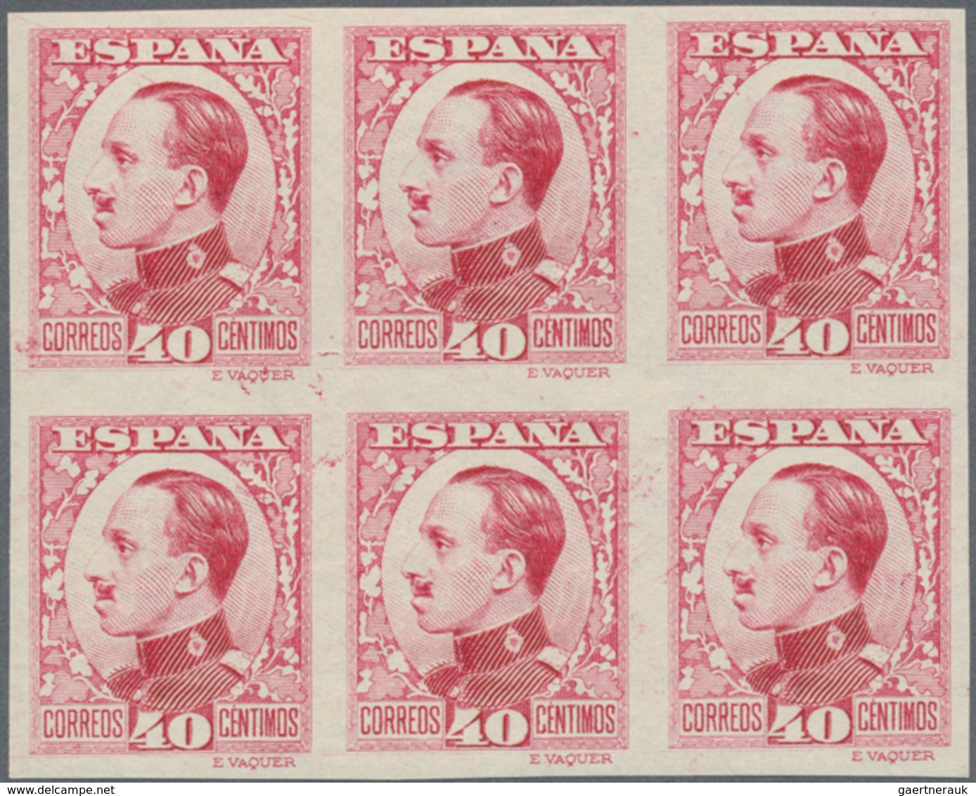 Spanien: 1930, King Alfonso XIII. Definitive 40c. Imperforate COLOUR PROOF In Carmine-red Block Of S - Used Stamps