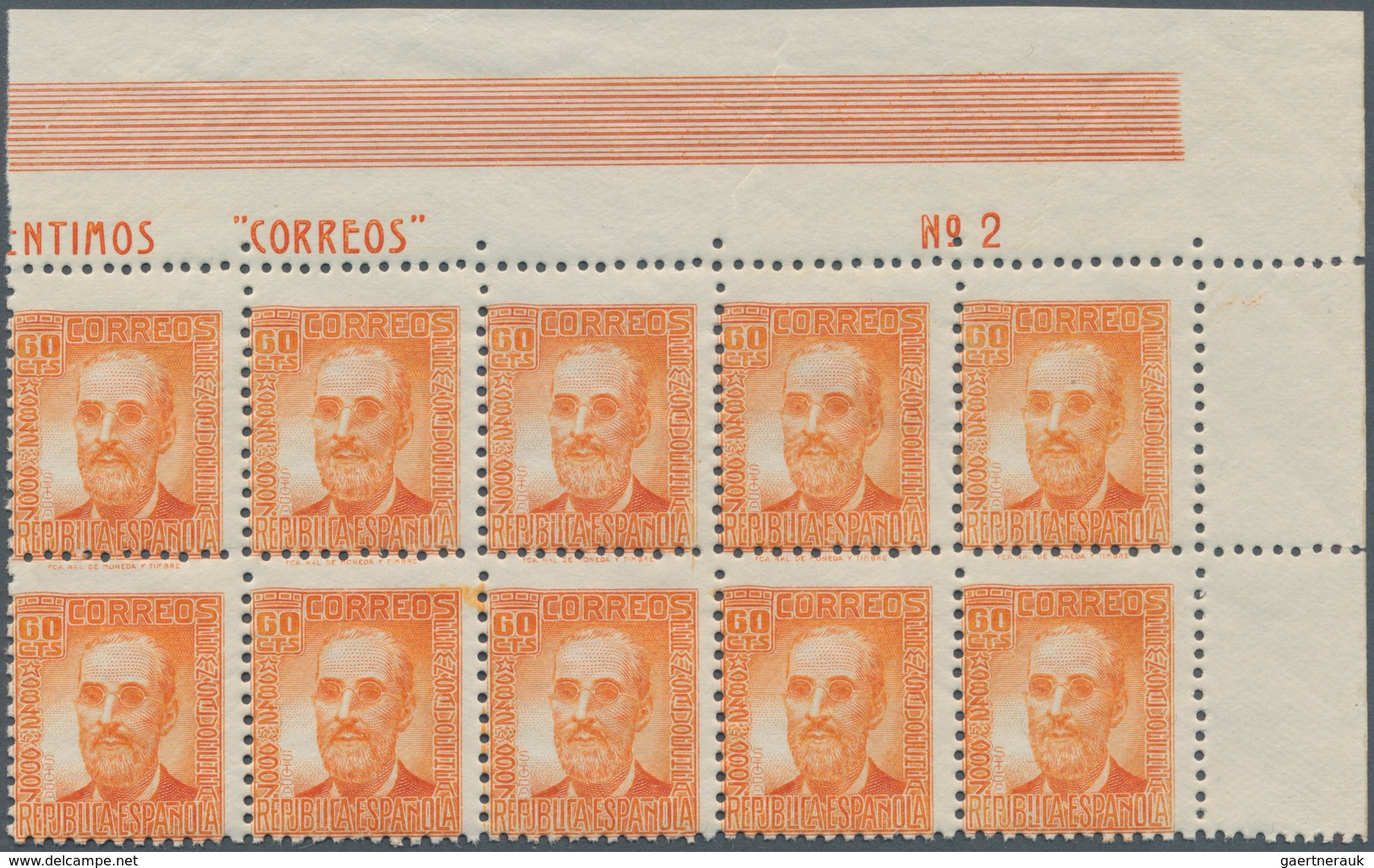 Spanien: 1938, Fermin Salvochea Y Alvarez 60c. Orange Four Blocks Of Ten From Upper Right Corners Wi - Used Stamps