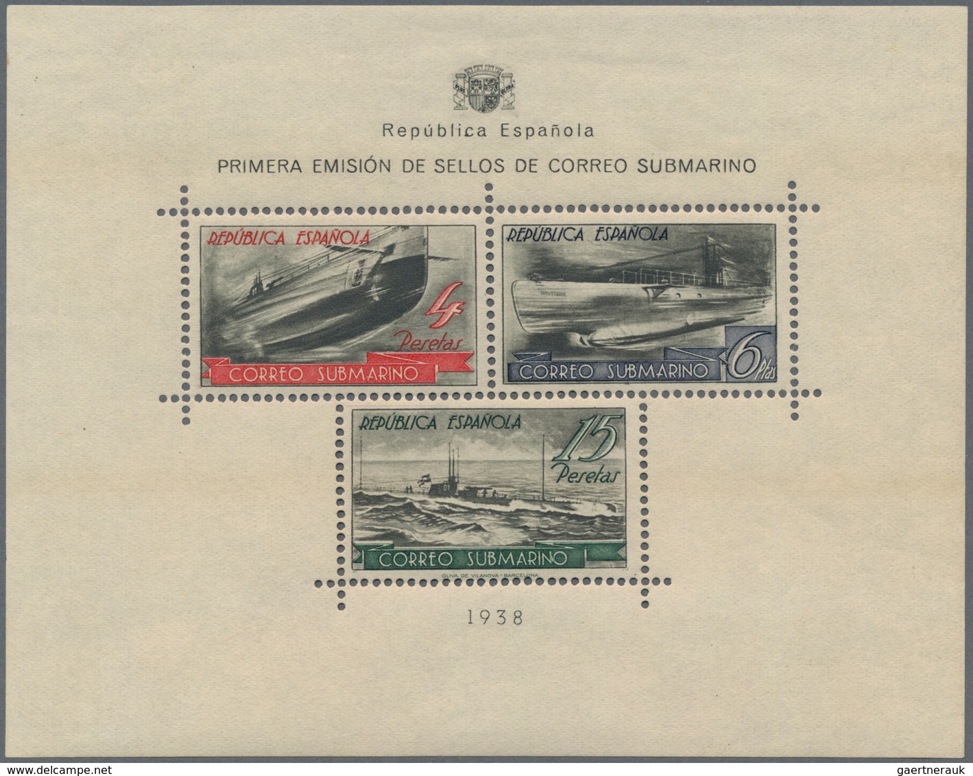 Spanien: 1938, Submarine Mail, Souvenir Sheet, Mint Never Hinged, Slightly Toned Original Gum, As Us - Gebraucht