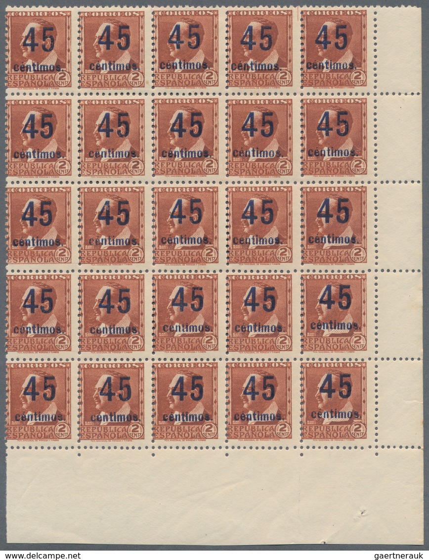 Spanien: 1938, Vicente Blasco Ibanez 2c. Red-brown With UNISSUED Surcharge '45 Centimos' In A Block - Used Stamps