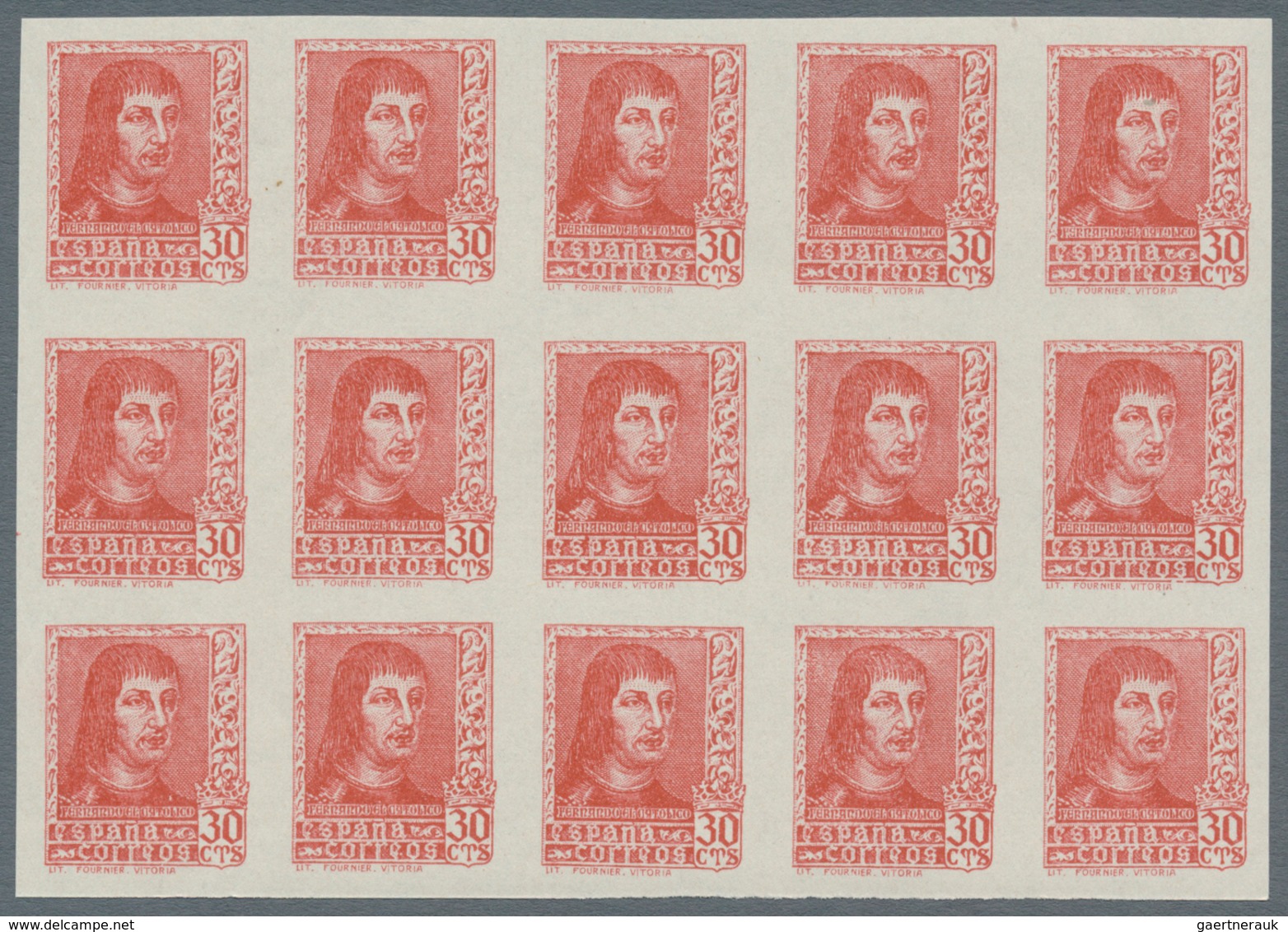 Spanien: 1938, Ferdinand II. Five Different Stamps Incl. Both Imprints Of 30c. In IMPERFORATED Block - Gebraucht