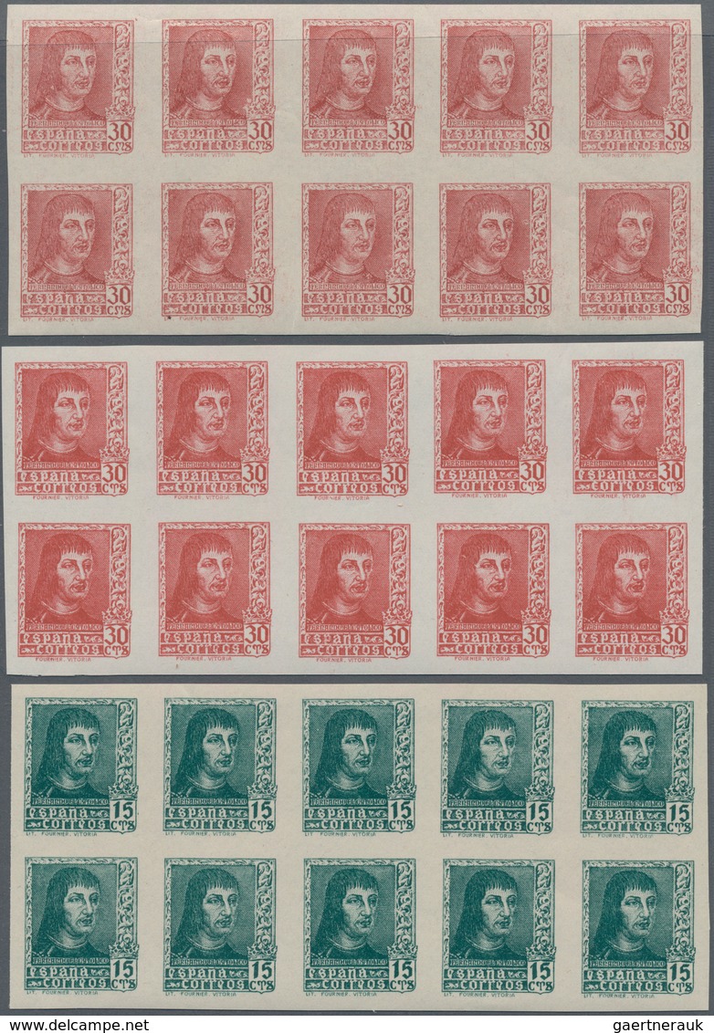 Spanien: 1938, Ferdinand II. Five Different Stamps Incl. Diff. Imprints Of 30c. In IMPERFORATED Bloc - Gebraucht