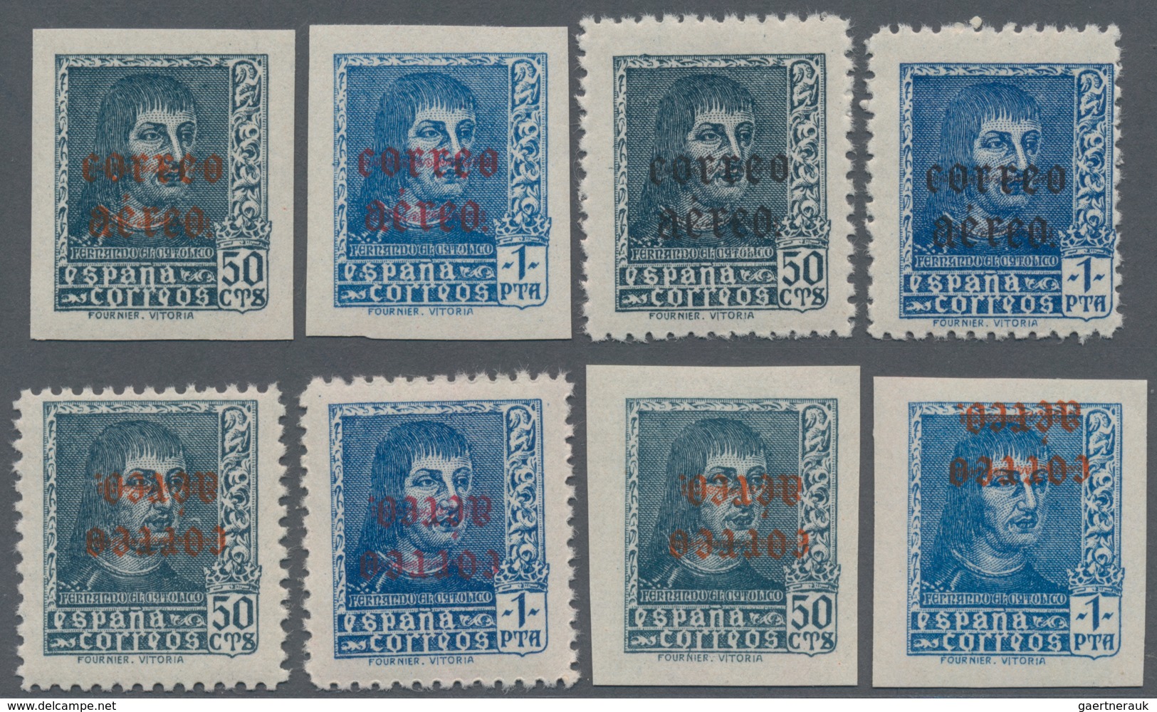 Spanien: 1938, Ferdinand II. Definitive Stamps 50c. Greyish-blue And 1pta. Blue Four Sets With Varie - Gebraucht