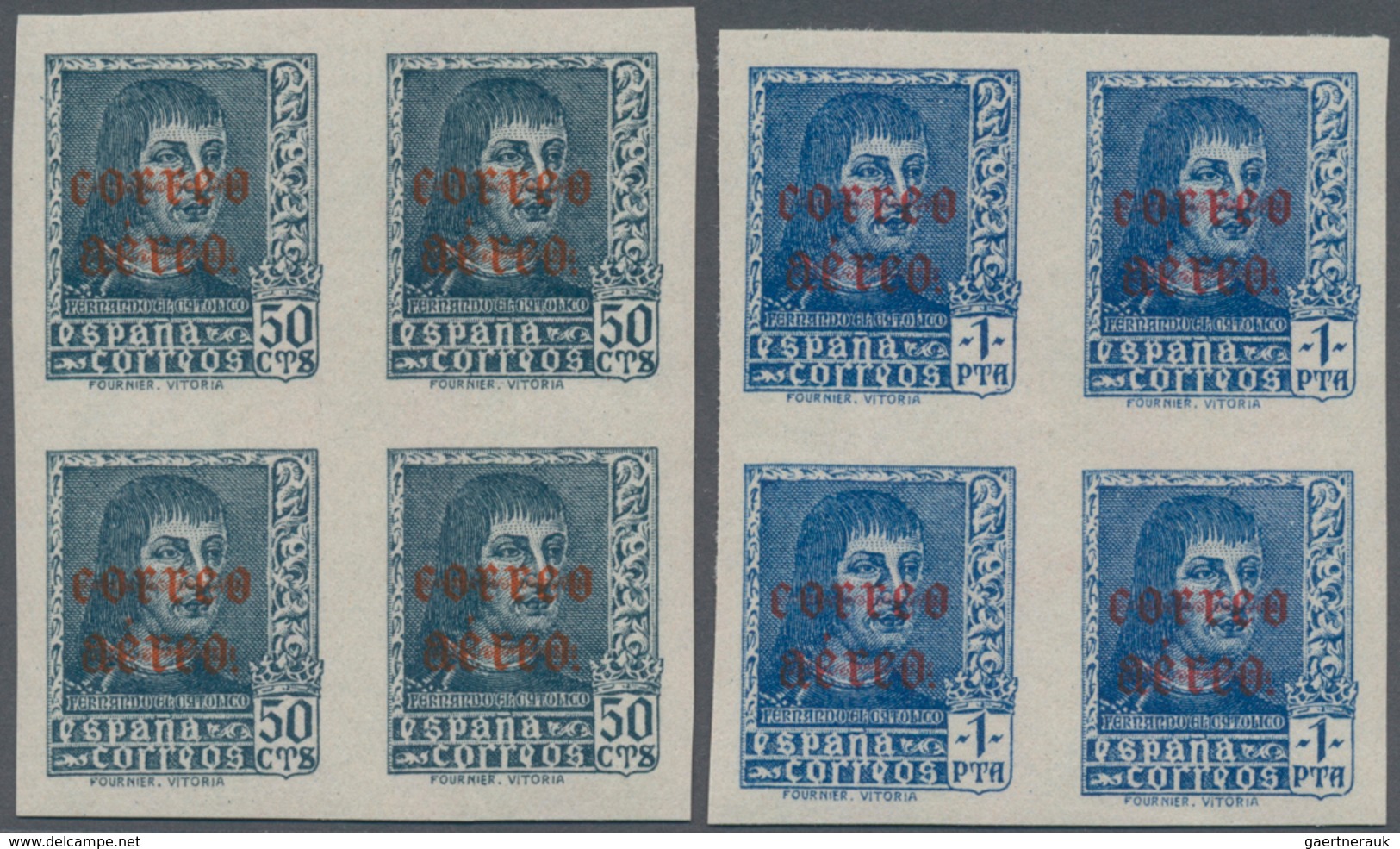 Spanien: 1938, Ferdinand II. Definitive Stamps 50c. Greyish-blue And 1pta. Blue With Red Opt. 'corre - Used Stamps