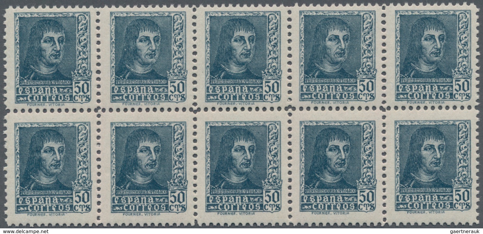 Spanien: 1938, Ferdinand II. NOT ISSUED Definitive Stamp 50c. Greyish-blue In A Block Of Ten, Mint N - Used Stamps