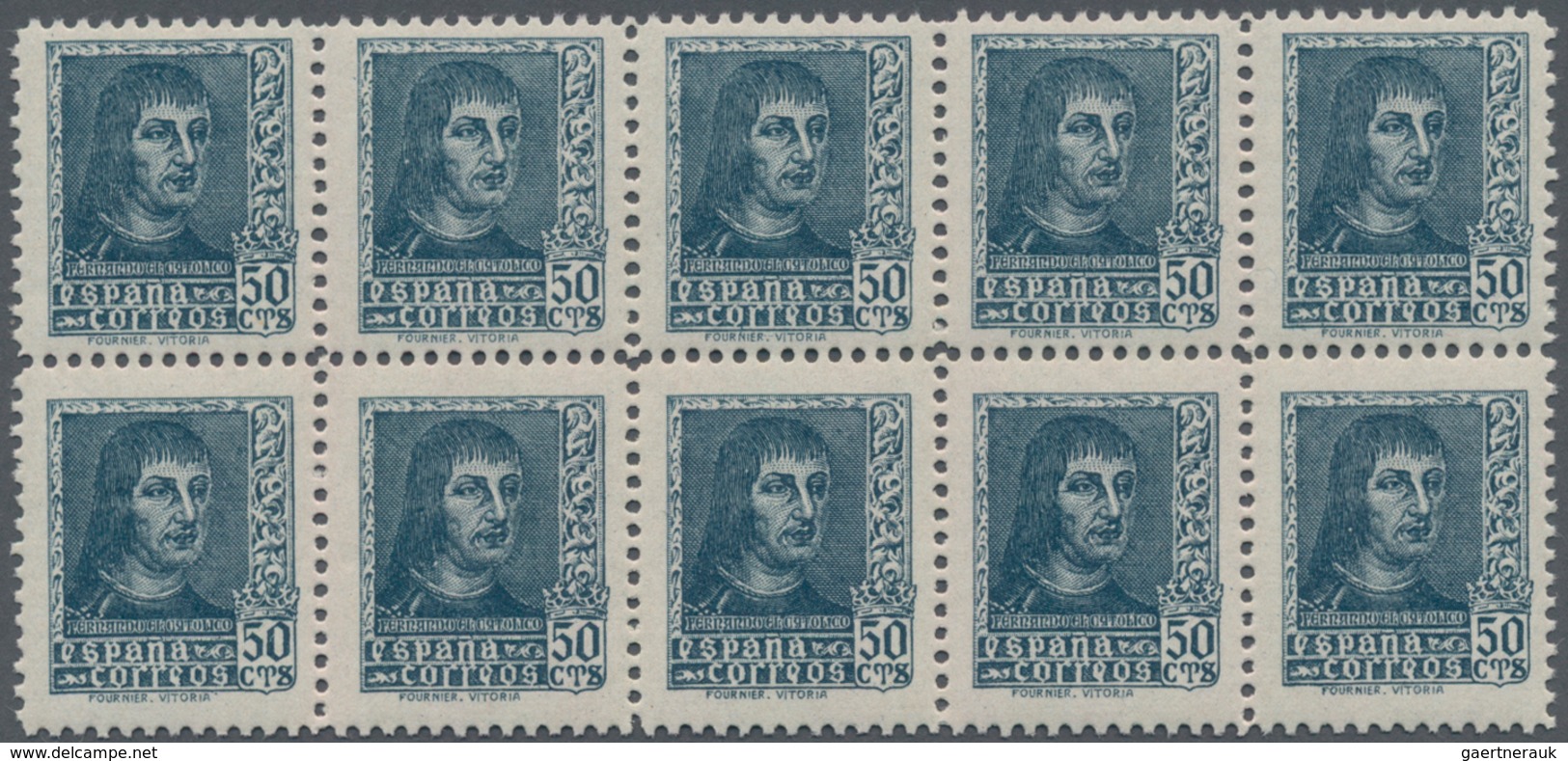 Spanien: 1938, Ferdinand II. NOT ISSUED Definitive Stamp 50c. Greyish-blue In A Block Of Ten, Mint N - Gebraucht