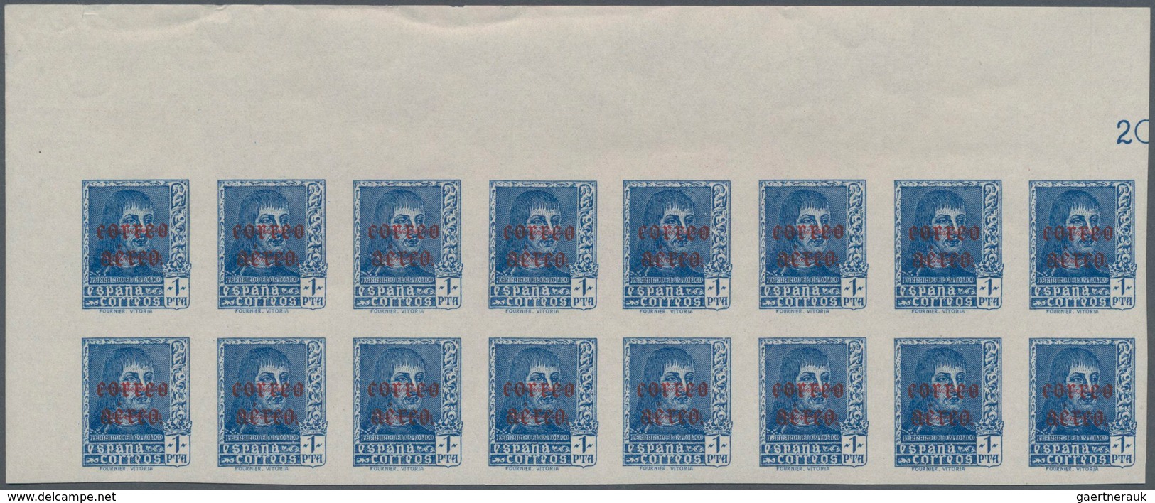 Spanien: 1938, Airmails 50c. Slate And 1pts. Blue, IMPERFORATED Marginal Blocks Of 16 From The Upper - Gebraucht