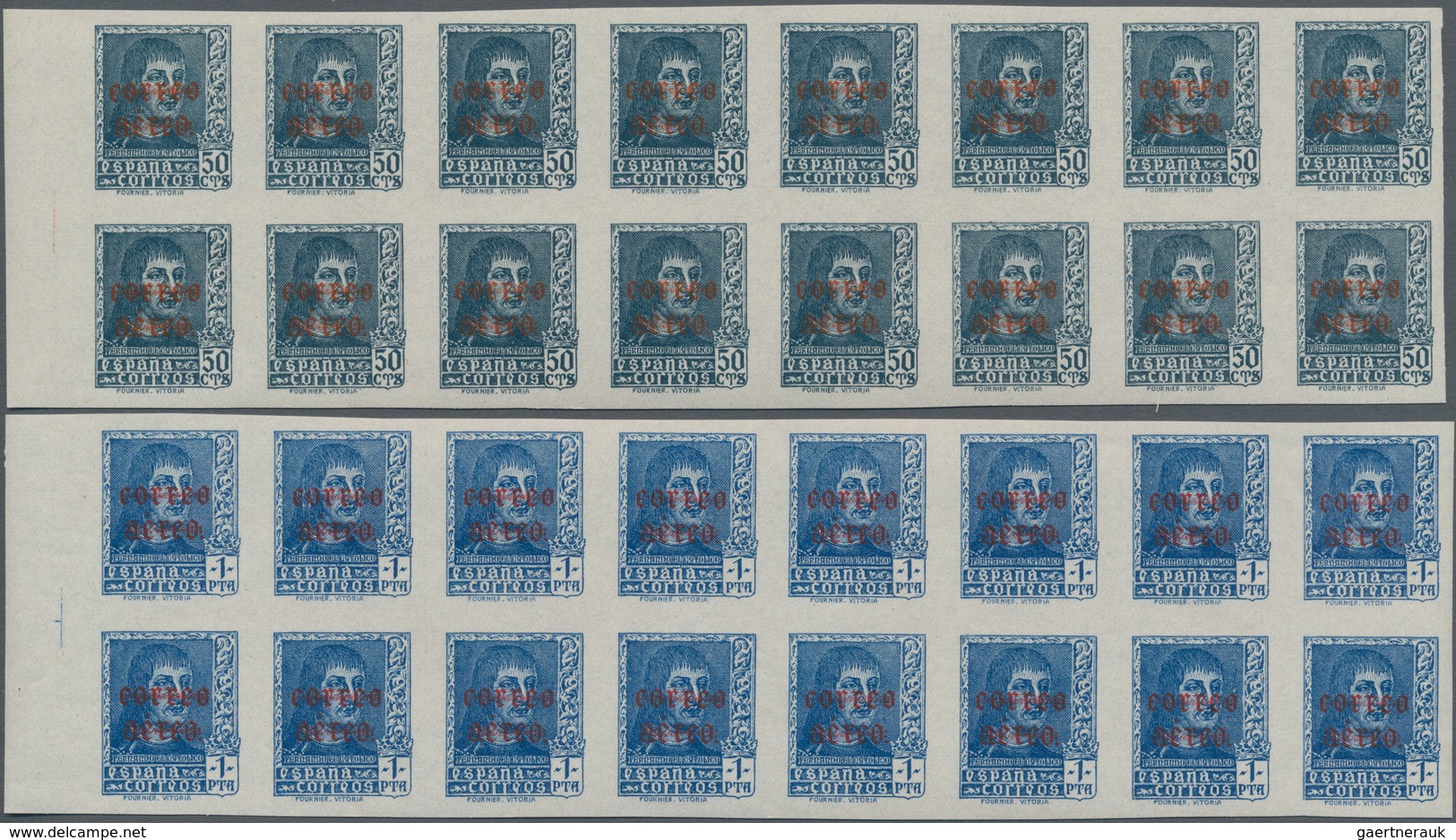 Spanien: 1938, Airmails 50c. Slate And 1pts. Blue, IMPERFORATED Left Marginal Blocks Of 16, Mint Nev - Gebraucht