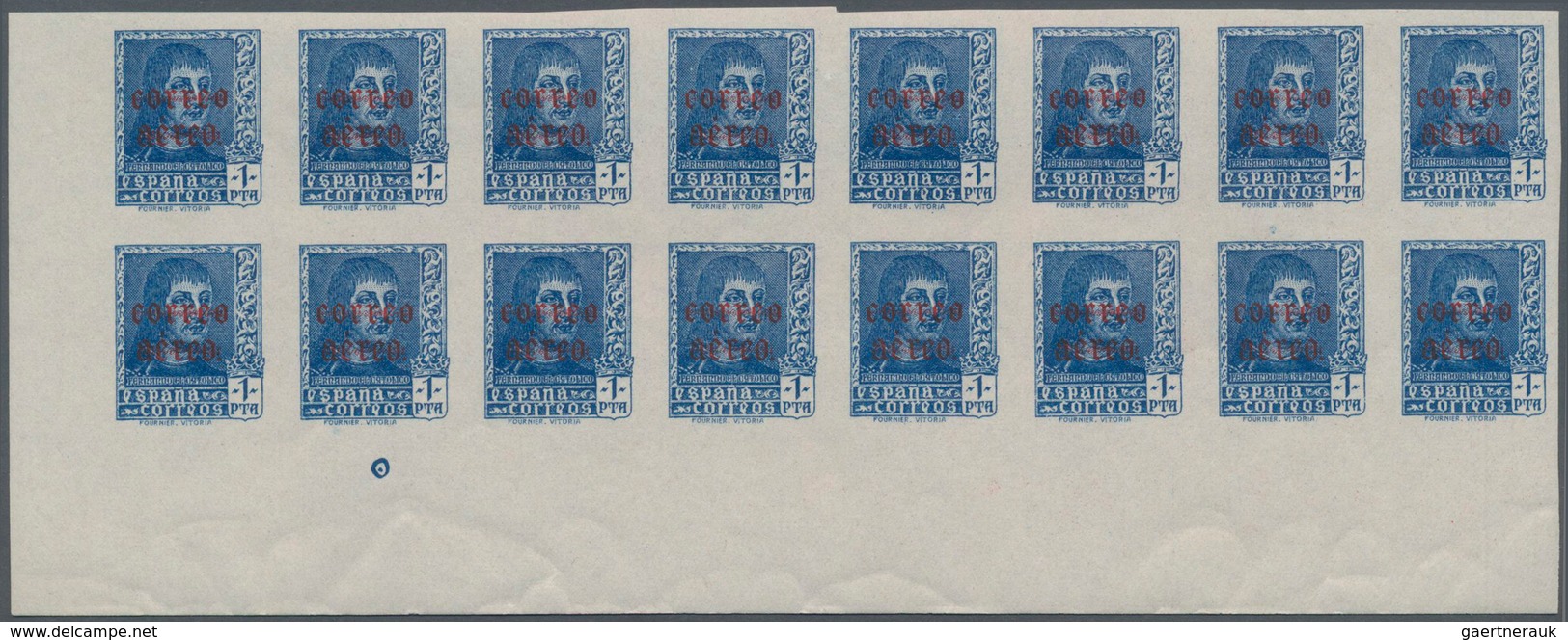 Spanien: 1938, Airmails 50c. Slate And 1pts. Blue, IMPERFORATED Marginal Blocks Of 16 From The Lower - Gebraucht