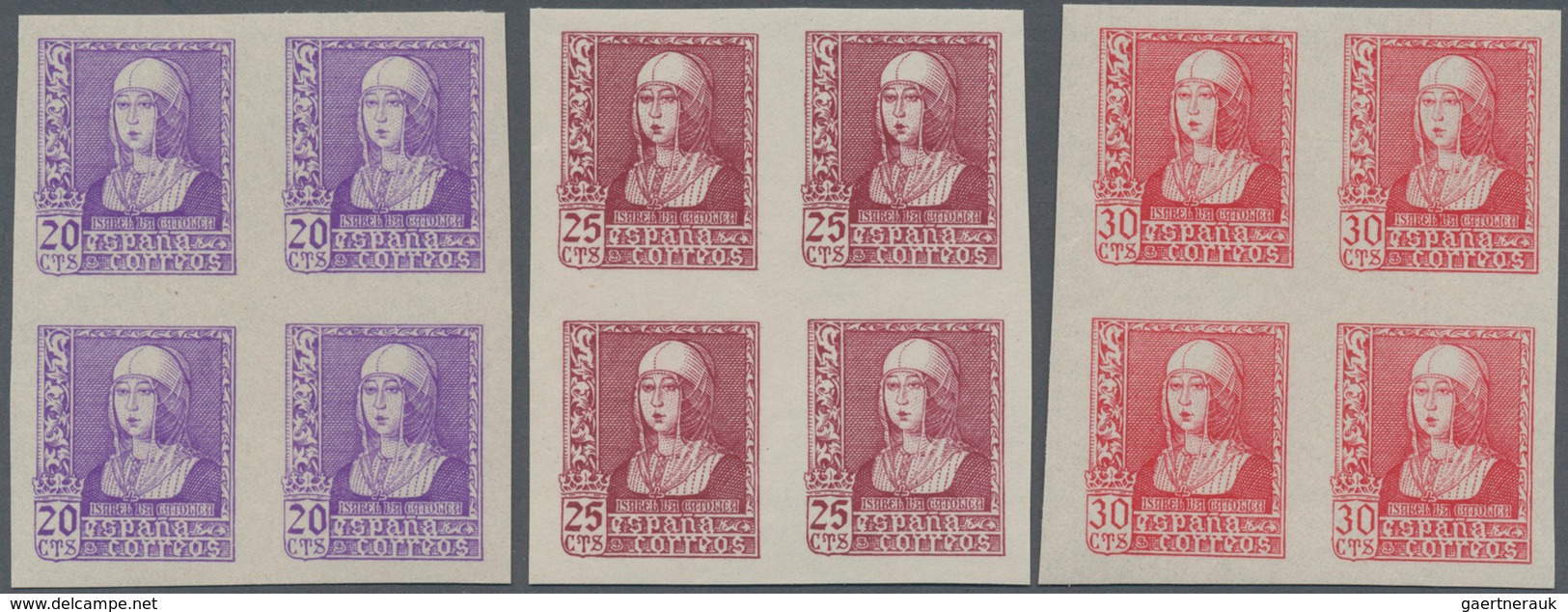 Spanien: 1938/1939, Queen Isabella Definitives Complete Set Of Six In IMPERFORATED Blocks Of Four, M - Usados