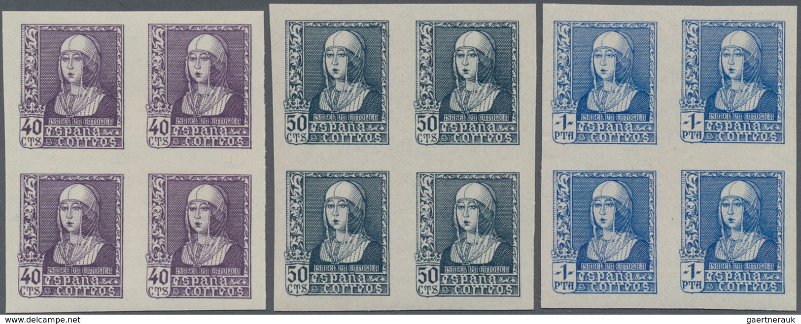 Spanien: 1938/1939, Queen Isabella Definitives Complete Set Of Six In IMPERFORATED Blocks Of Four, M - Gebraucht