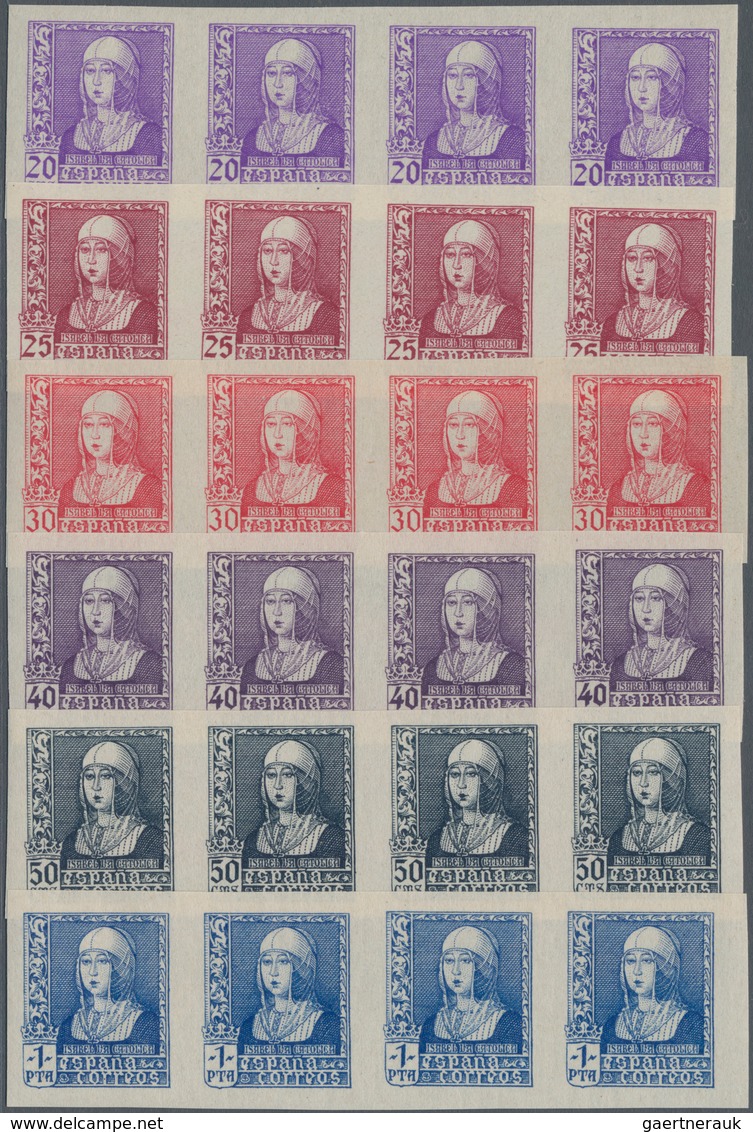 Spanien: 1938/1939, Queen Isabella Definitives Complete Set Of Six In Horizontal IMPERFORATED Strips - Used Stamps