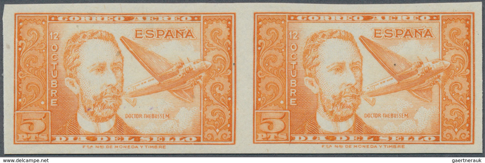 Spanien: 1944, Airmail Stamp 5pts. "Dr.Thebussem", Color Variety "orange", Imperforated Horiz. Pair, - Gebraucht
