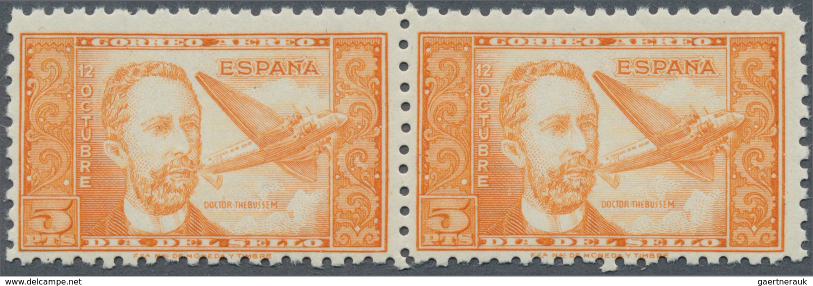 Spanien: 1944, Airmail Stamp 5pts. "Dr.Thebussem", Color Variety "orange", Horiz. Pair, Unmounted Mi - Used Stamps