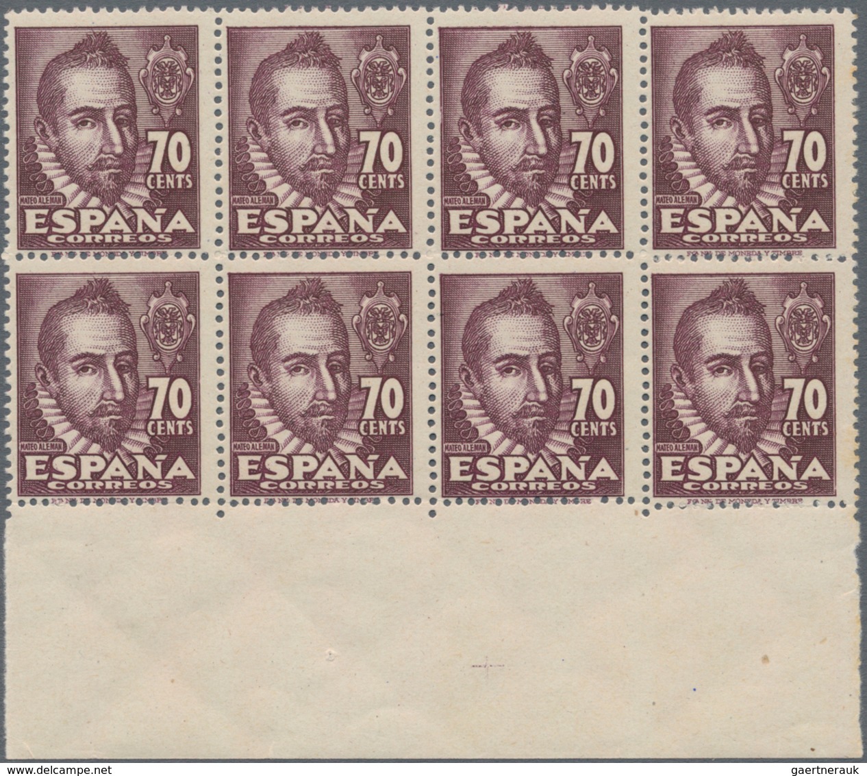 Spanien: 1948, Mateo Alemán 70c. Purple With Scarce Perf. 12¾ X 13 Block Of Eight From Lower Margin, - Used Stamps