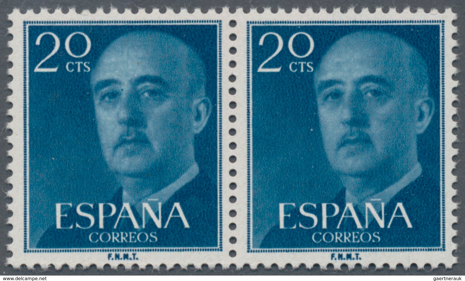 Spanien: 1955, Definitives "General Franco", 20c. Blue, Colour Essay, Horizontal Pair, Unmounted Min - Gebraucht