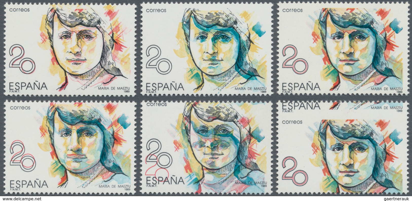 Spanien: 1988, Prominent Woman 20pta. 'Maria De Maeztu' Five Stamps With ERRORS Incl. One With BLUE - Gebraucht