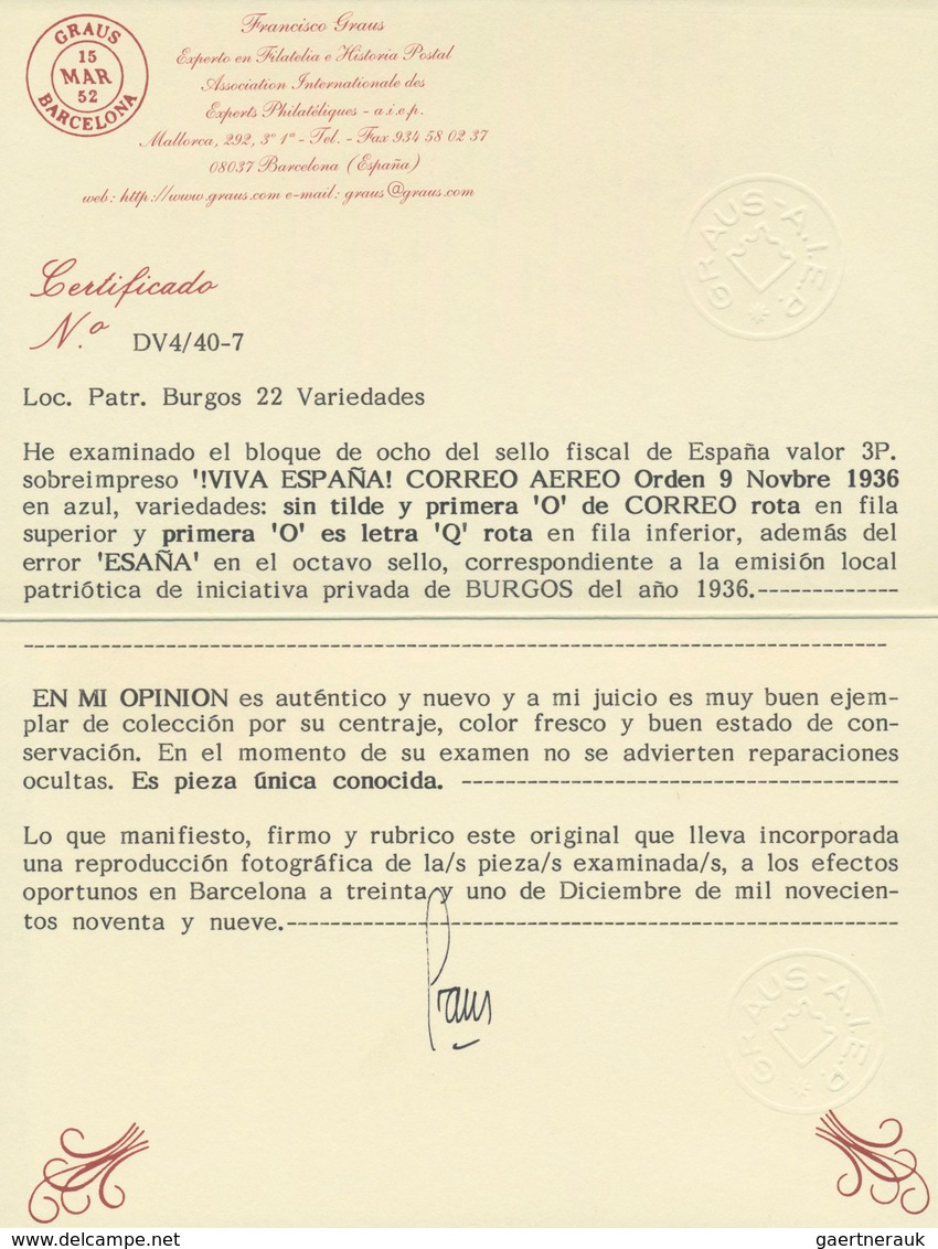 Spanien - Lokalausgaben: Burgos: 1936, Airmail Overprints On Fiscal Stamp 3pts. Rose, Block Of Eight - Sonstige & Ohne Zuordnung