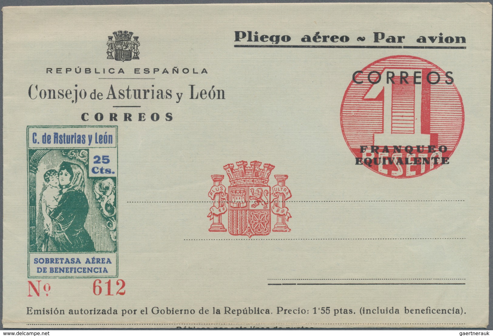 Spanien - Asturien: 1936, Unused Local Air Letter Sheet For The Local Government Of Asturias And Leó - Asturien & Léon