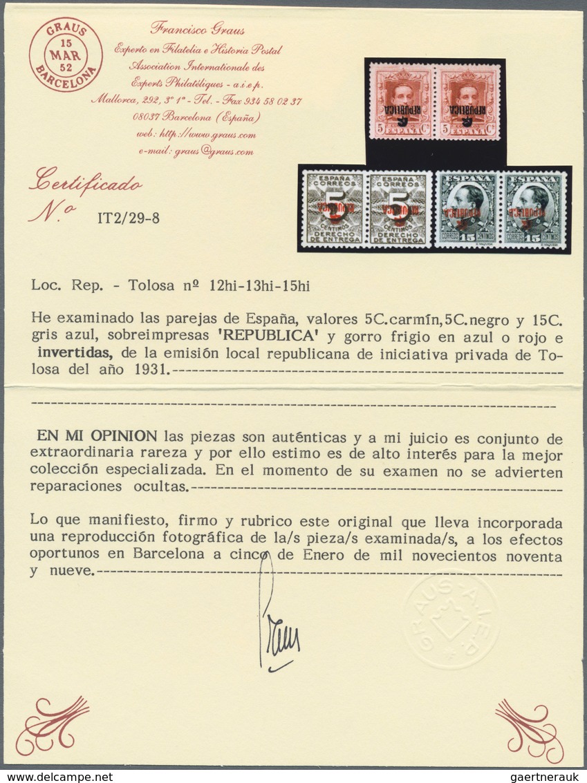 Spanien - Besonderheiten: 1931, TOLOSA Private Local Issue, 5c. Carmine, 5c. Black And 15c. Greyish - Sonstige & Ohne Zuordnung