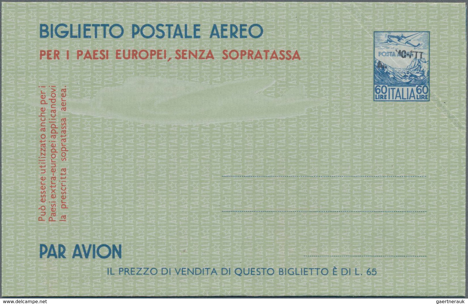 Triest - Zone A - Ganzsachen: 1952 Unused Airletter With Black Overprint AMG-FTT 60 Lire Blue On Gre - Marcophilia