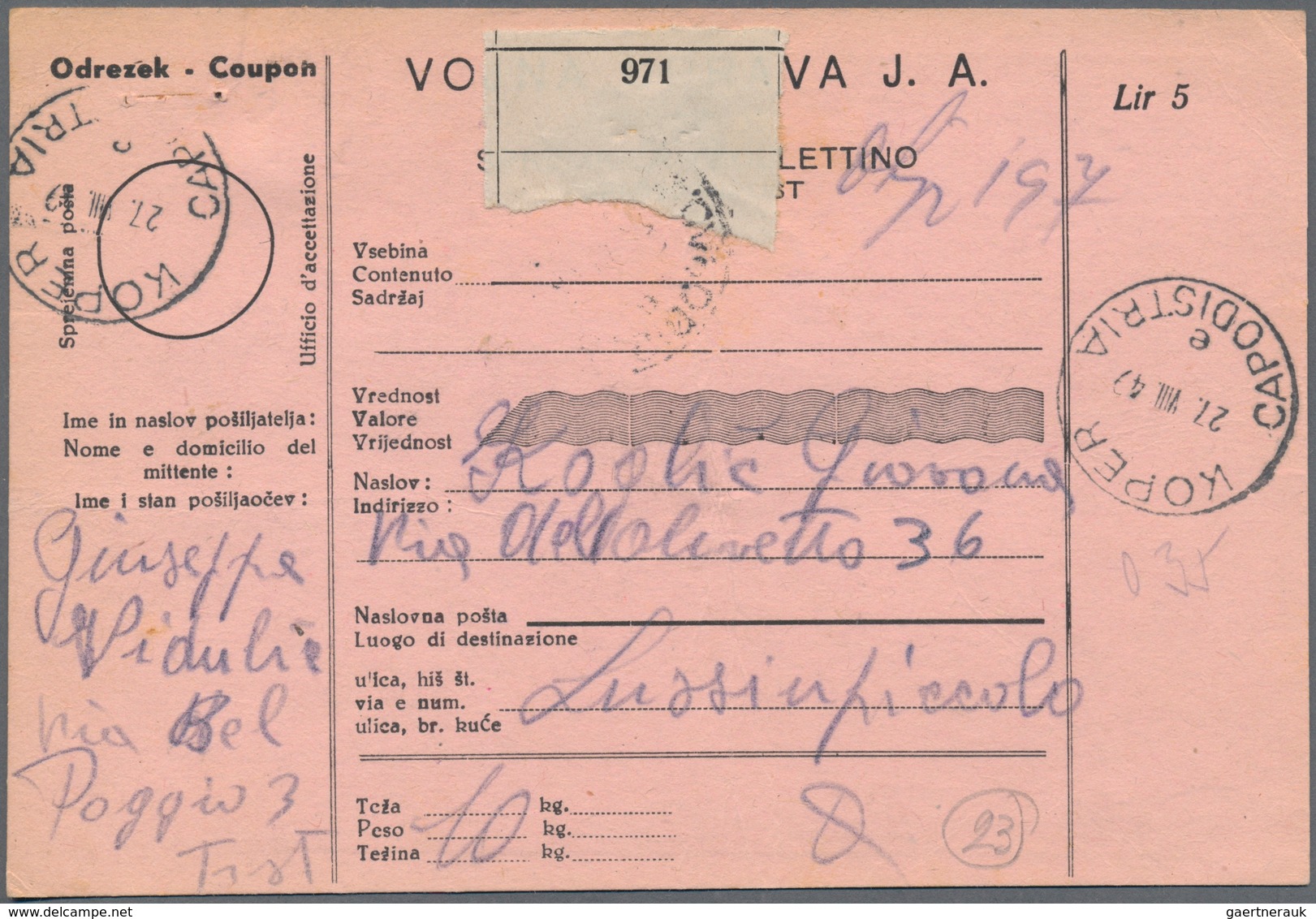 Triest - Zone B: 1949, Complete Parcel Despatch Form From "KOPER 27.VIII.49" To Lussinpiccolo (Mali - Poststempel