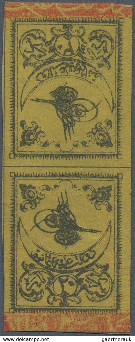 Türkei: 1863, 20 Pa. Black On Thin Yellow Paper, Mint Vertical «head To Head» Tete-beche Pair, Large - Briefe U. Dokumente