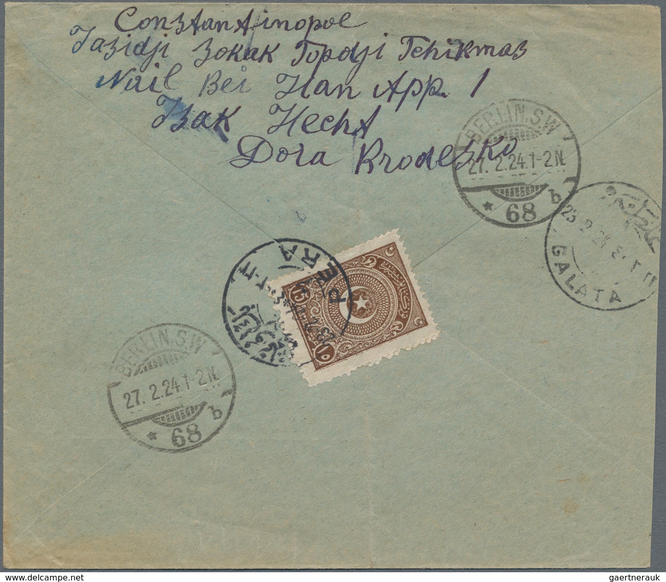 Türkei: 1924 Registered Mail From Pera To Berlin With Nice Single Franking And U.P.U. R-stamp, Light - Briefe U. Dokumente