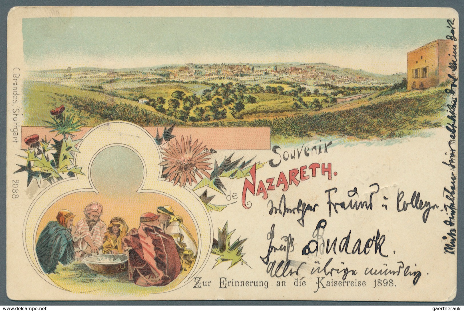 Türkei - Stempel: 1898, Litho Ansichtskarte Aus Nazareth "Kaiserreise Des Dt. Kaisers, Frankiert Mit - Other & Unclassified