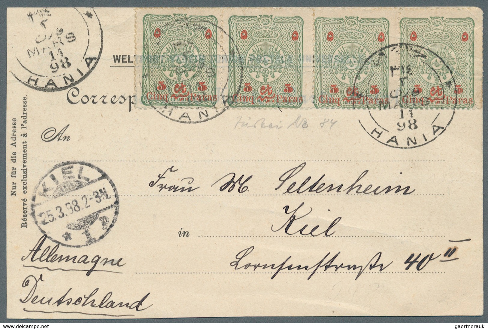 Türkei - Stempel: HANIA (Chania, Kreta): 1897 5 Pa. Auf 10. Pa. Grün Viererstreifen Gestempelt "HANI - Sonstige & Ohne Zuordnung