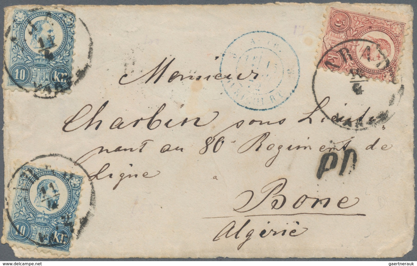 Ungarn: 1872, Destination Algeria: 5kr. Red And 10kr. Blue (2) On Front Of Cover From "ARAD 11/4" To - Used Stamps