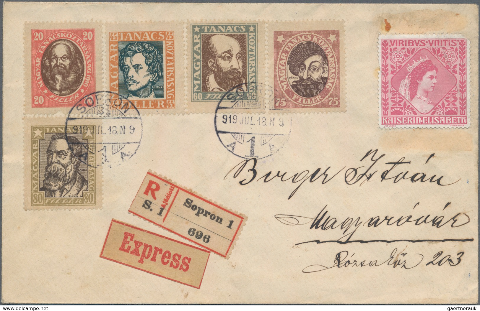 Ungarn: 1919, Communist Issues, Set Of Five Tied "SOPRON 919 JUL 18" To Registered Express Inland Co - Used Stamps