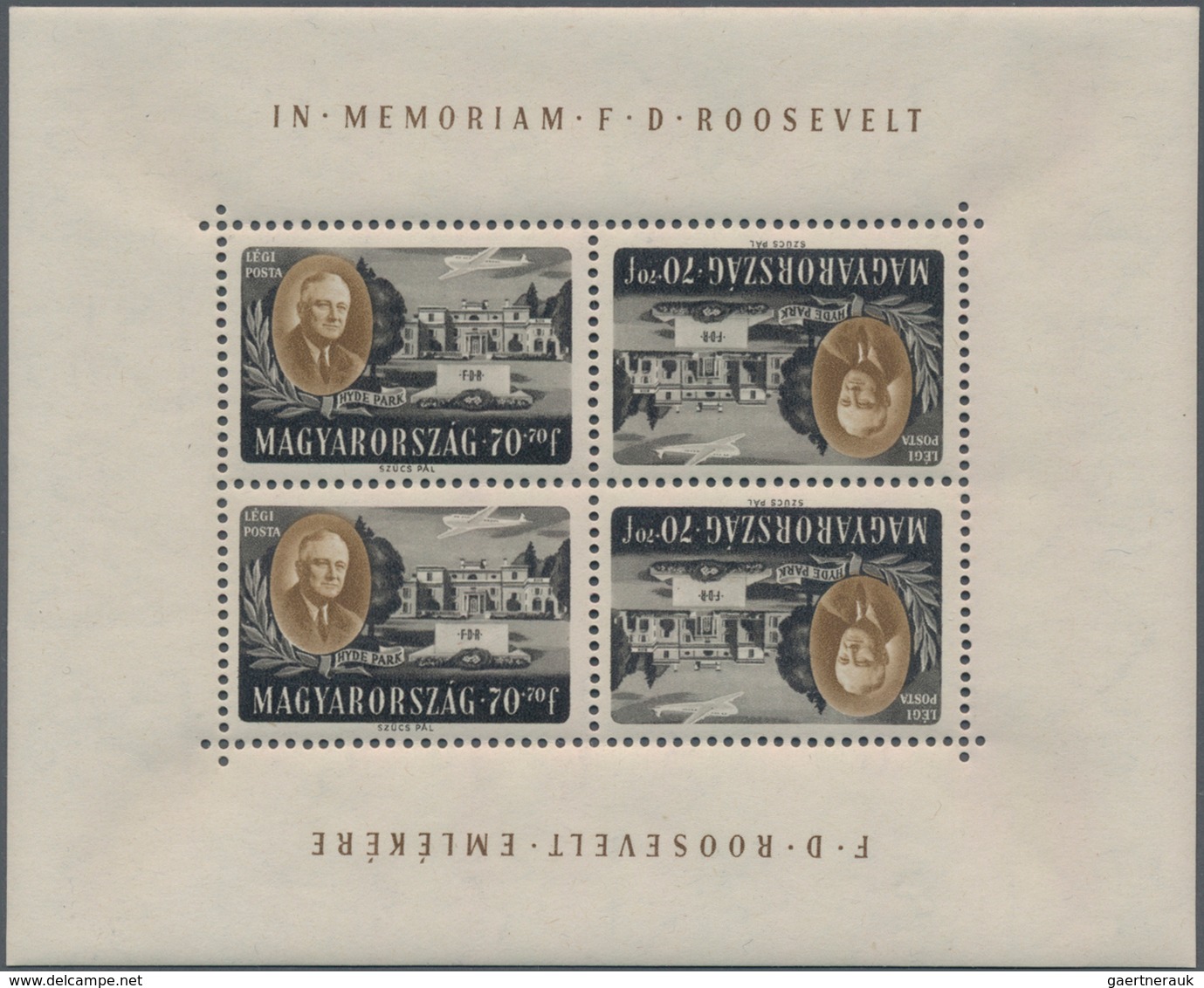 Ungarn: 1947, Roosevelt, Complete Set Of Eight Values In Tête-bêche Mini Sheets Of Four Stamps Each, - Gebraucht