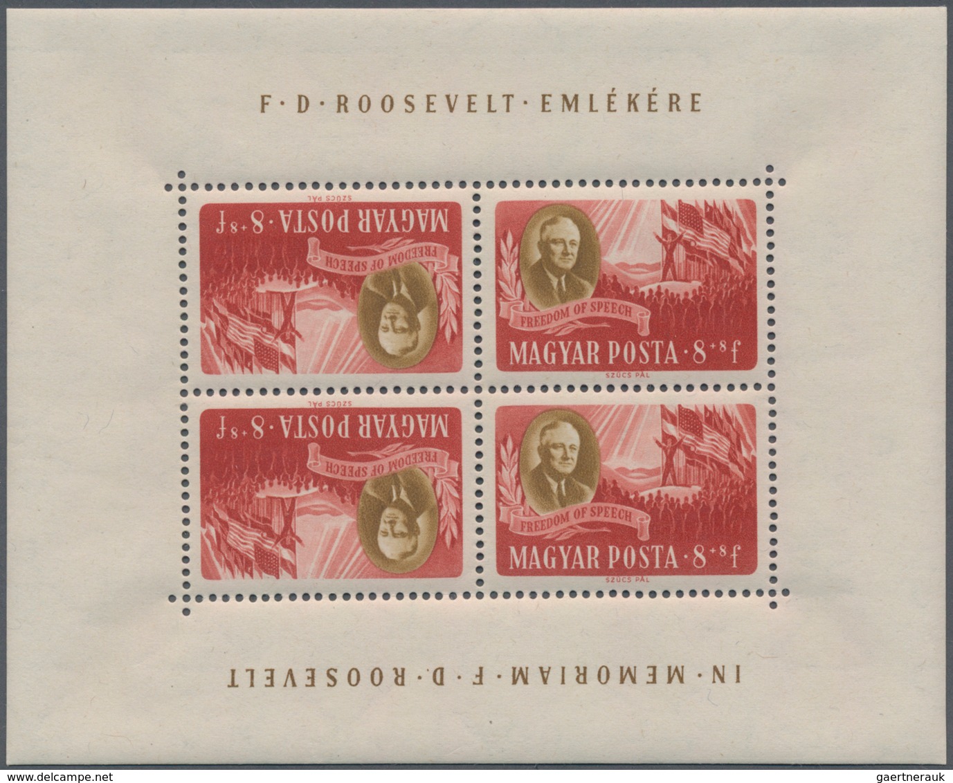 Ungarn: 1947, Roosevelt, complete set of eight values in tête-bêche mini sheets of four stamps each,