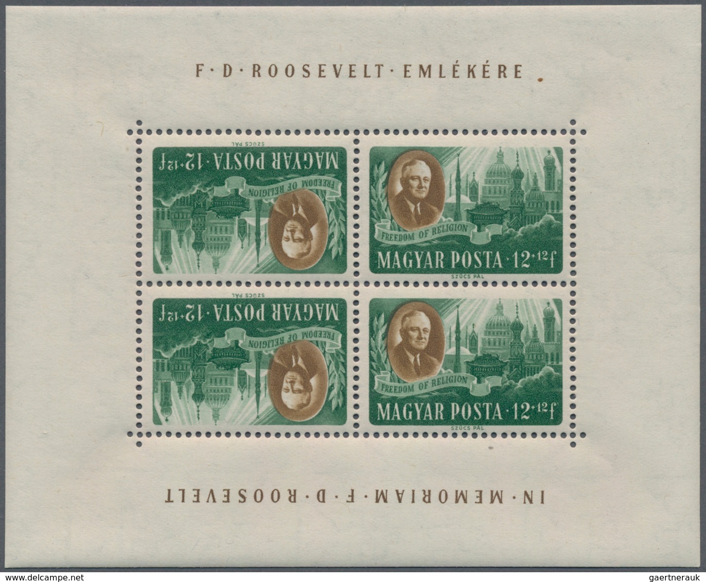 Ungarn: 1947, Roosevelt, complete set of eight values in tête-bêche mini sheets of four stamps each,