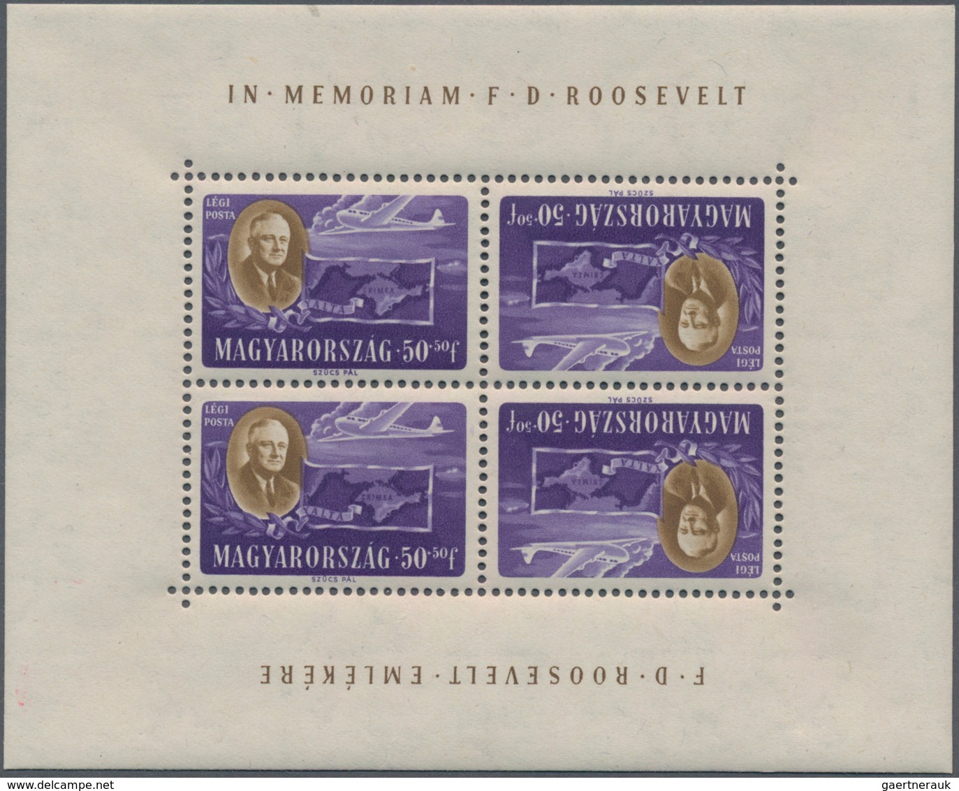 Ungarn: 1947, Roosevelt, complete set of eight values in tête-bêche mini sheets of four stamps each,