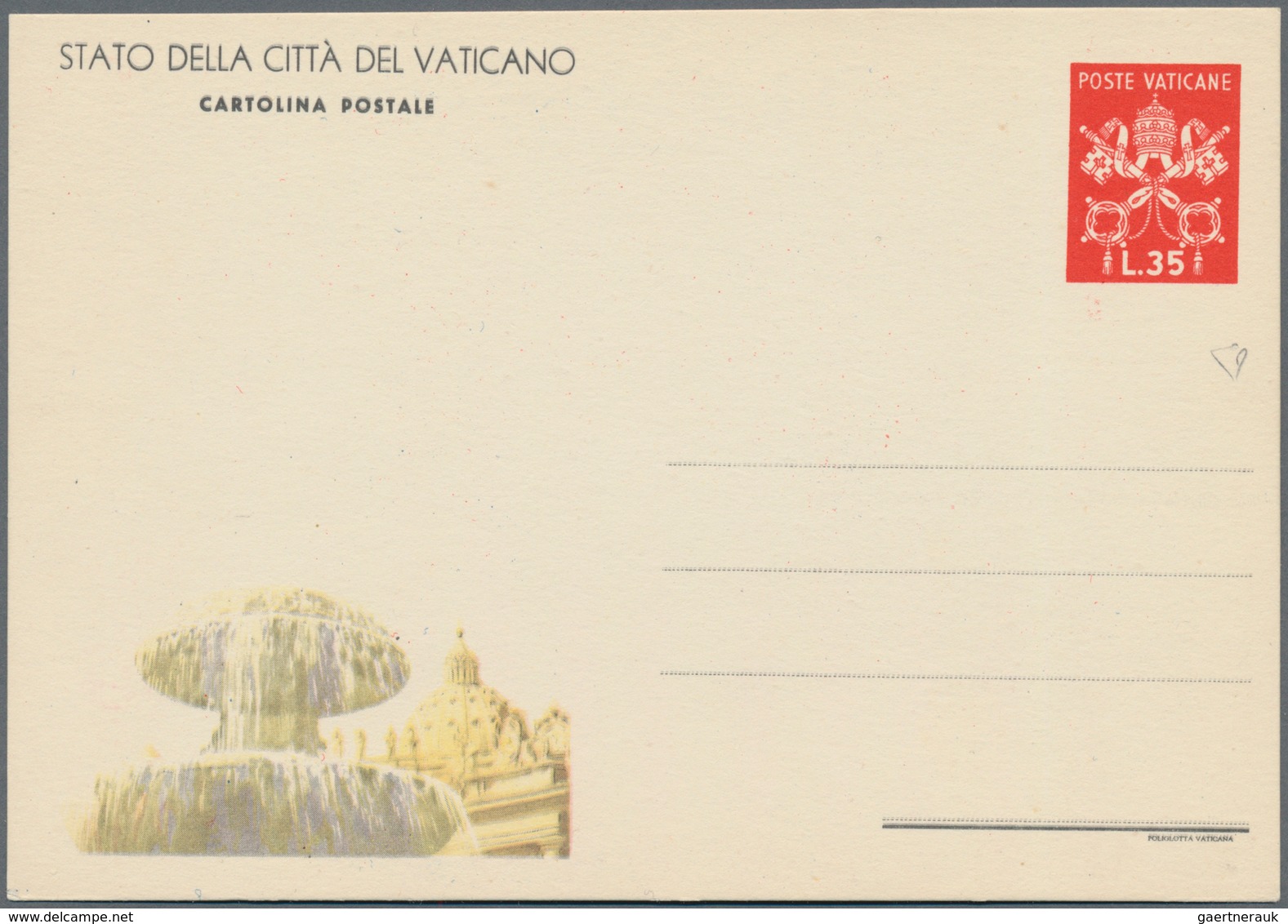 Vatikan - Ganzsachen: 1953: 35 L Postal Stationery Card Depicting The Fointain On St. Peters Square, - Ganzsachen