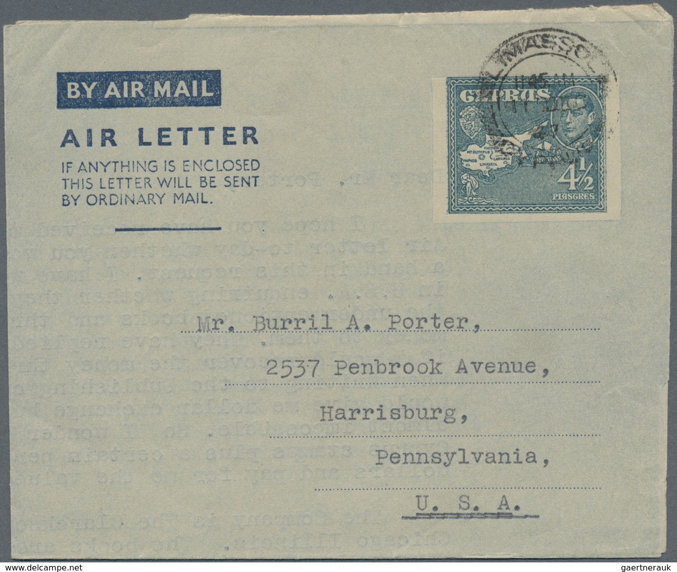 Zypern: 1947, Airletter 4 172d Canc. "LIMASSOL 11 DEC 47" To USA, Commercial Usage (Kessler 2). - Other & Unclassified