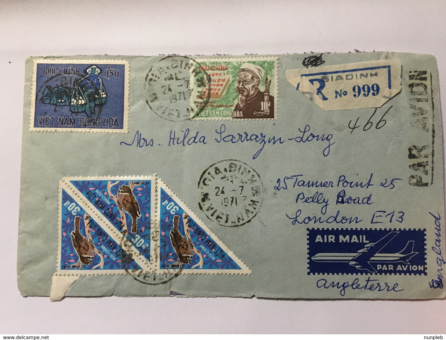 VIETNAM 1971 Air Mail Cover Registered Gia Dinh To London Stamps Front And Rear - Viêt-Nam