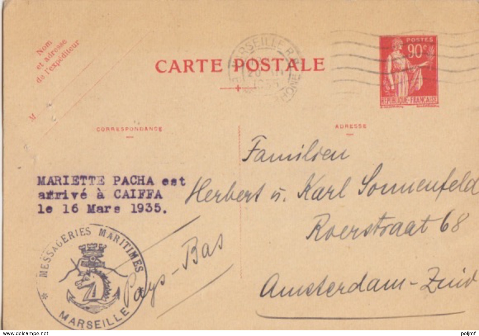 Entier 90c Paix Rouge (1932 E1) Obl. Flamme Marseille Le 20 III 1935 Pour Amsterdam + Messageries Maritimes Et M.Pacha - Standaardpostkaarten En TSC (Voor 1995)