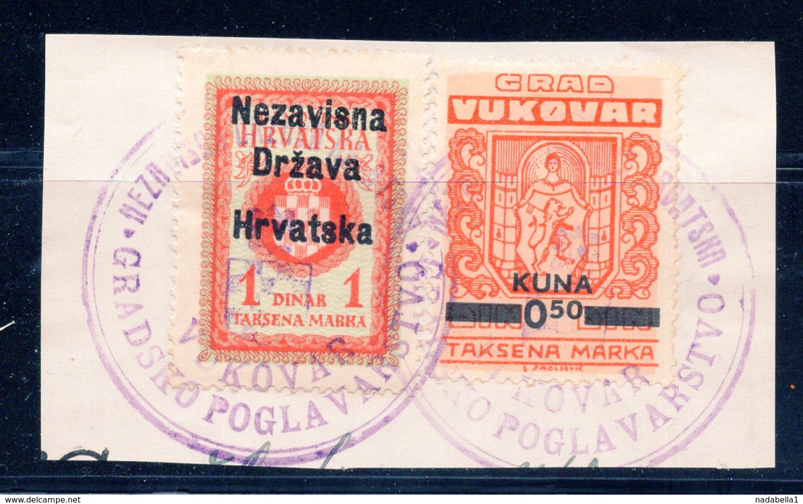 NDH, CROATIA, VUKOVAR, 1 DIN & 0.50 KUNA, MUNICIPALITY REVENUE STAMPS, CUT OFF, USED - Croatia