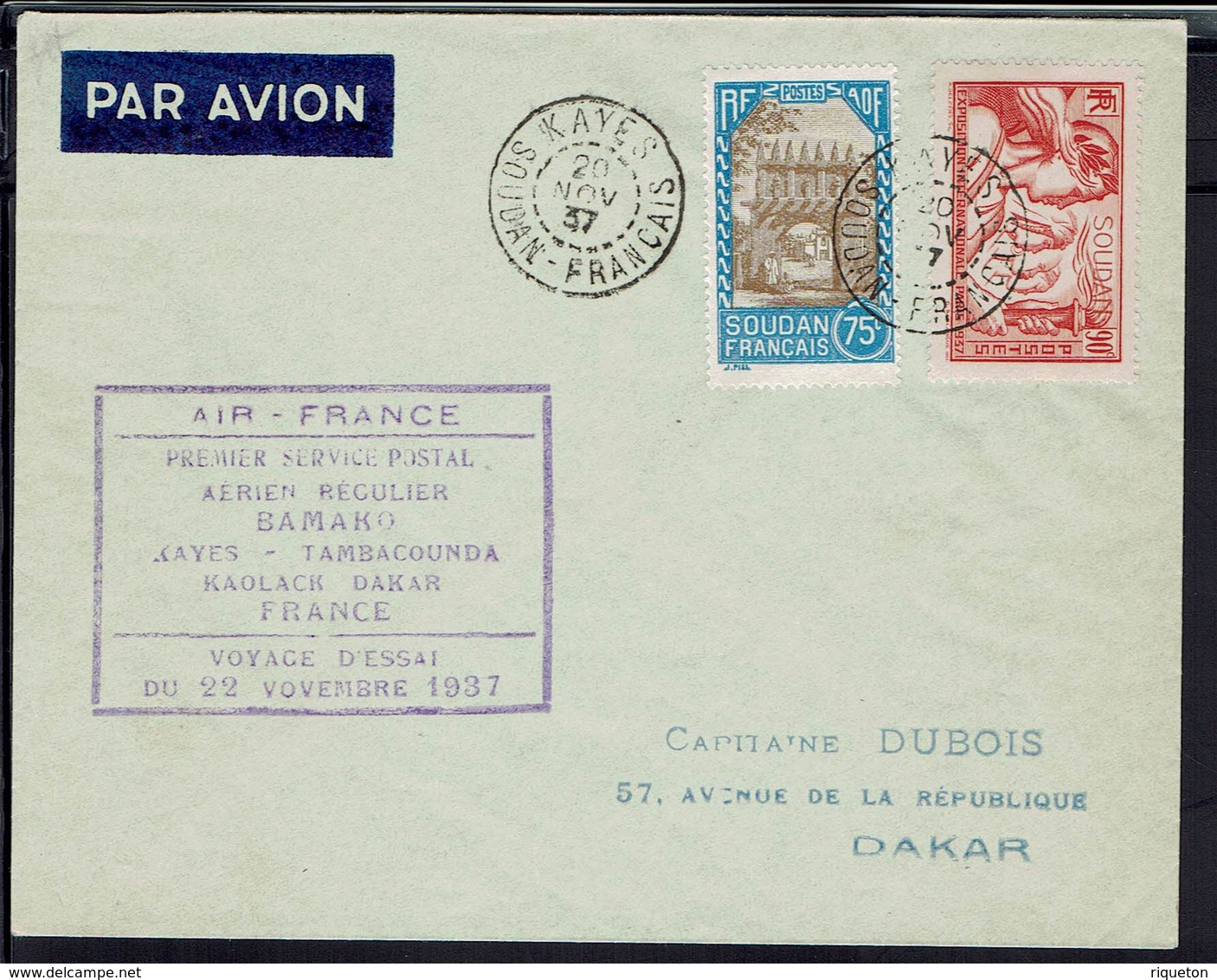 Soudan Français - 1937 - Premier Voyage D'essai Aérien Bamako-Dakar Par Air-France - TB - - Briefe U. Dokumente