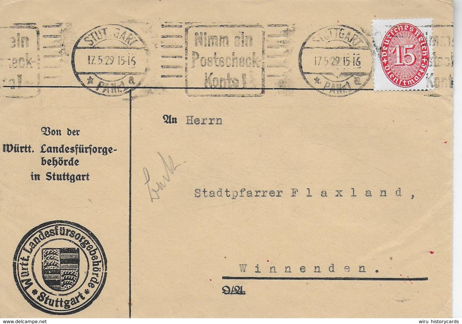 M 1  Brief Von Der Württ. Landesfürsorgebehörde Stuttgart An Den Stadtpfarrer Von Winnenden Um 1929 - Briefe U. Dokumente