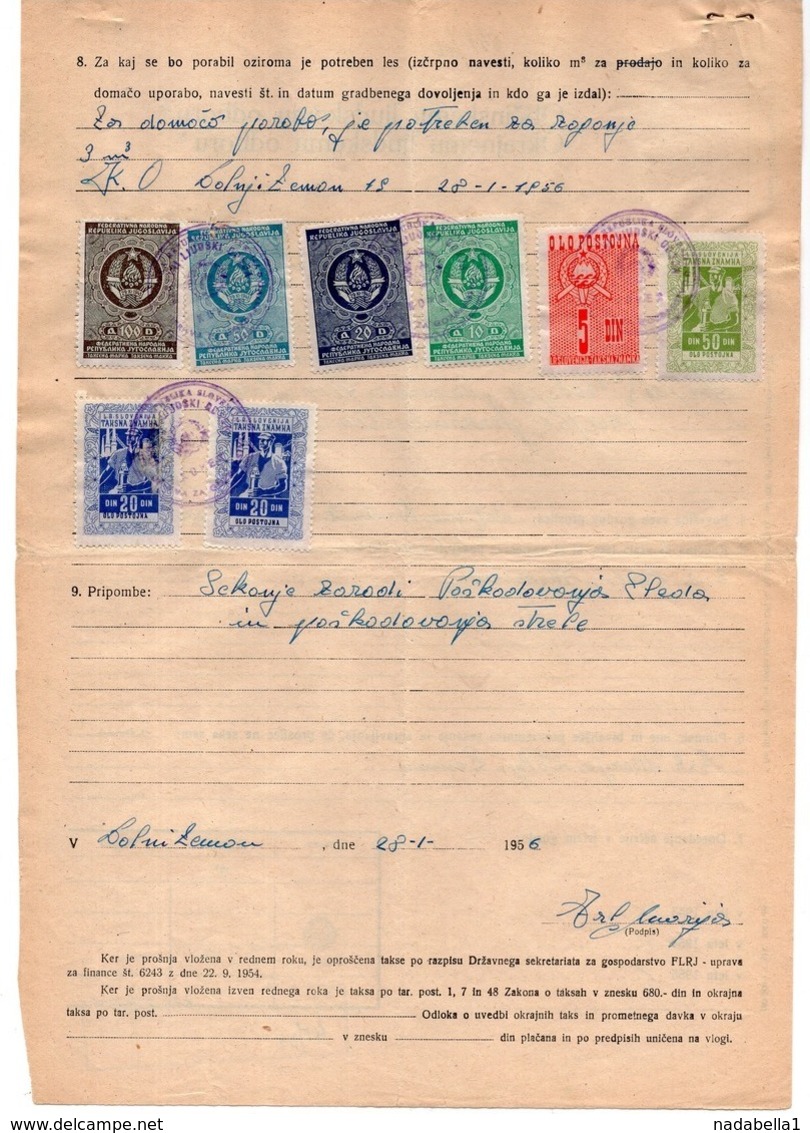 1956 YUGOSLAVIA, SLOVENIA, 4 OLO POSTOJNA MUNICIPALITY REVENUE STAMPS + 4 YU STATE REVENUE - Slovenia