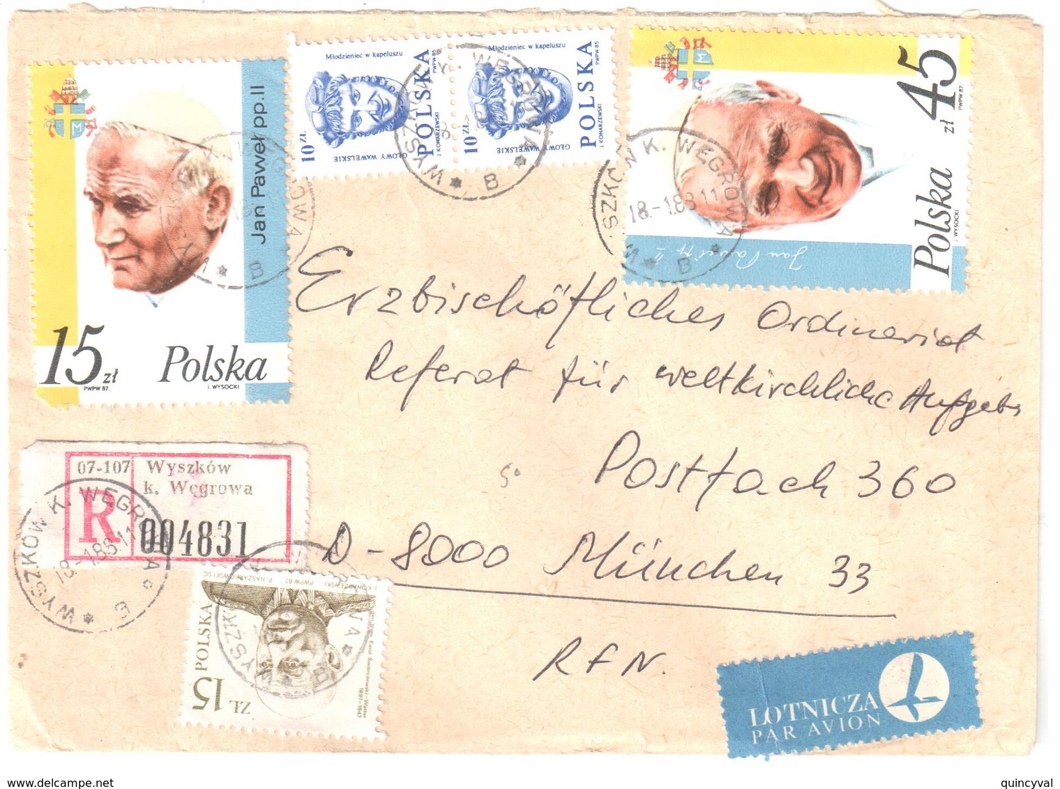 WYSZKOW Wegrowa Registred Letter Air Mail Brief Eingeschrieben Luft Lettre Recommandée Avion Jean Paul 2 Pape Yv 2909 10 - Storia Postale