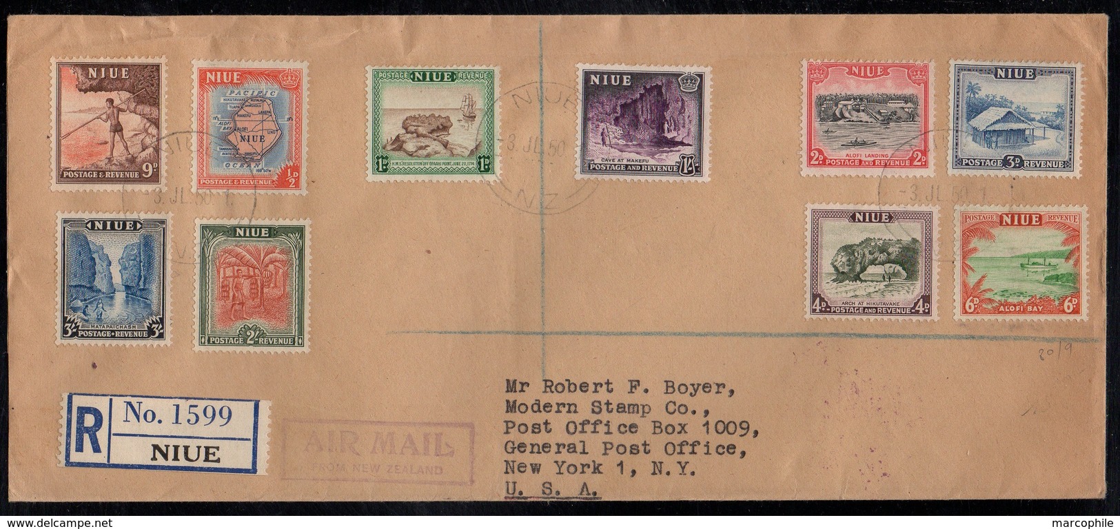 NIUE / 3-7-1950 SERIE COMPLETE FDC SUR LETTRE RECOMMANDEE POUR LES USA (ref 1866) - Niue