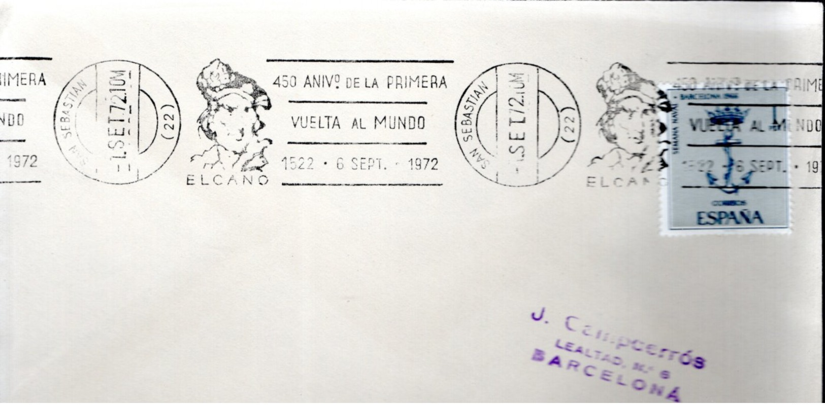 LETTRE ESPAGNE 1972 - OBLIT. MECANIQUE - 450E ANNIV. DU PREMIER TOUR DU MONDE = ELCANO - - Exploradores