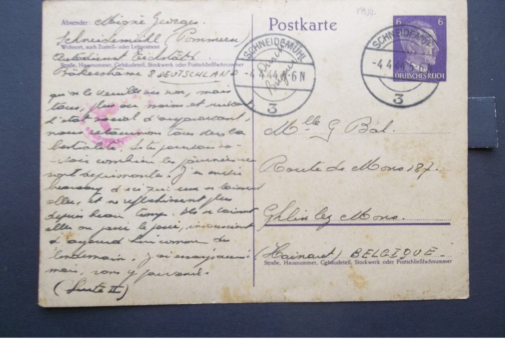 Deutsches Reich: 1944 Censored Postal Card To Belgique (#EY2) - Covers & Documents