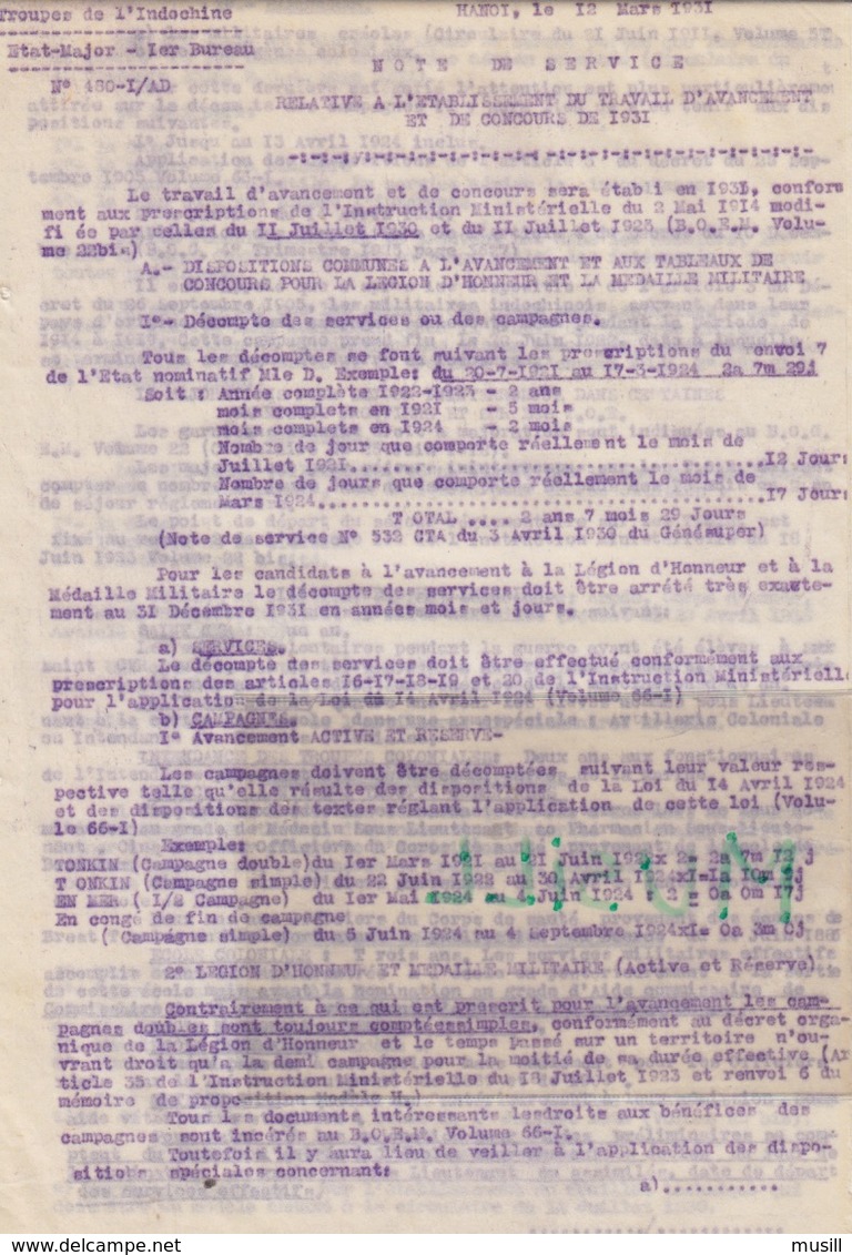 Troupes De L'Indochine. Lieutenant Troyes (Hà Tinh, Thanh-Thuy, Hué, Etc.) Etablissement Du Travail D'avancement.1931 - Documenti